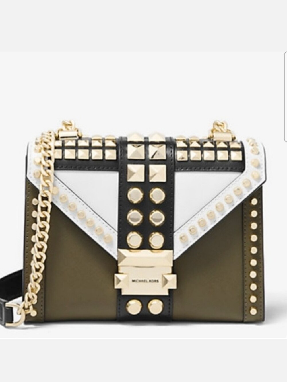 New Michael Kors Whitney Olive White & Black Studded Crossbody Purse